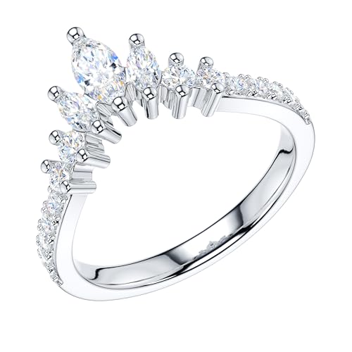 THELANDA Marquise & Round Genuine Moissanite or Simulated Diamond Sterling Silver Slight V Shape Crown Matching Ring Wedding Band2