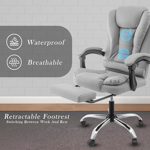 Image of Casa Copenhagen Italia Leatherette Office Chair for Work | Boss Chair, Luxurious Cushioned Arms & Seat, 2 Point Back Massager, Adjustable Leg Rest, Heavy Duty Metal Base (Light Grey)