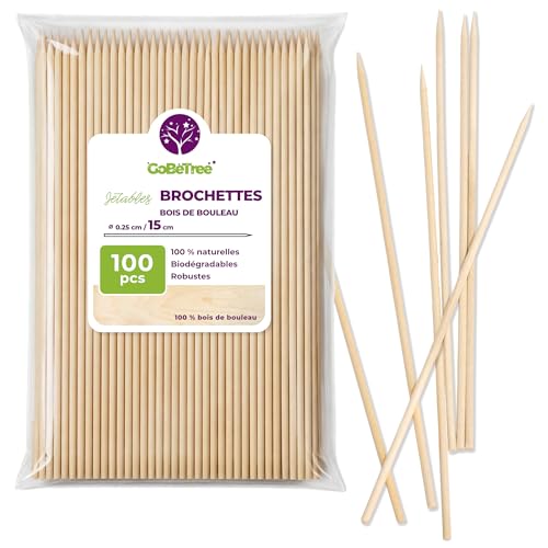 100 Piques à Brochette en Bois de Bouleau 15 cm x 2,5 mm | Bâtonnets Extra Résistants pour Barbecue, Viande et Fruits | Brochettes Écologiques Polyvalentes...