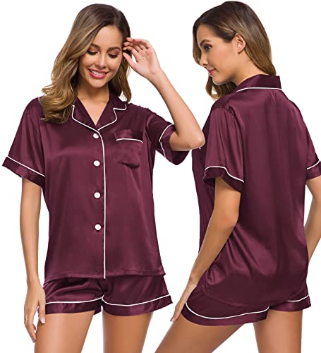 Image of SWOMOG Womens Silk Satin Pajamas Set Short Sleeve Sleepwear Button Down Top and Shorts Loungewear 2 Piece Pjs Set XS-3XL