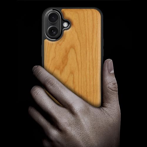 Image of Carveit Wood Case for iPhone 16 Plus, Natural Grain, Cherry | Magnetic iPhone 16 Plus Case Compatible with MagSafe Wireless Chargers, Engraved Wood with Soft TPU Shockproof Bumper