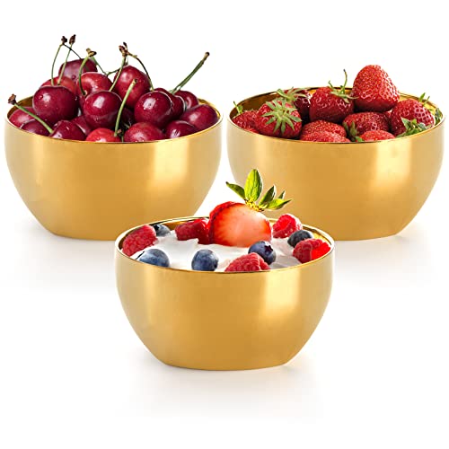 Cedilis 3 Pack Decorative Gold Bowl, 13.5oz Stainless Steel Bowl, Small Serving Bowls, Double-walled Insulated Snack Bowls for Rice, Dessert, Ice Cream, Candy, Pasta, Dishwasher Safe.
