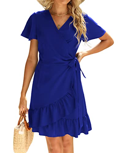 Naggoo Wrap Dresses for Women Short Sleeve Solid Vneck Party Dress Royal Blue Medium