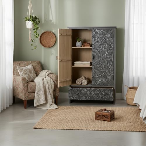 Image of APRODZ Wooden Wardrobe for Bedroom | Scolpito 2 Door Mango Wood Wardrobe with 1 Drawer | Space Saving Wardrobe for Storage, Clothes Cupboard & Wooden Almirah for Bedroom, Grey