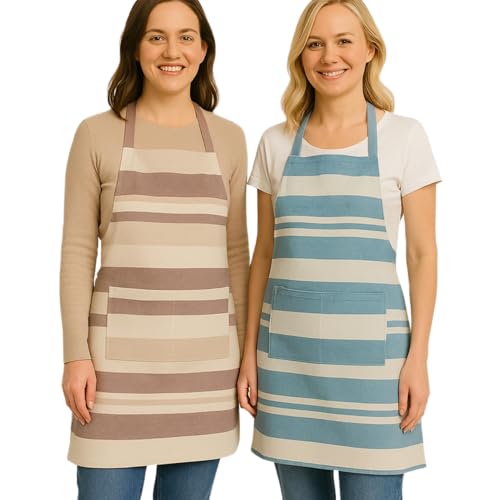 Image of Unisex Cooking Aprons | Waterproof Apron | Striped Design with 2 Front Pockets & Adjustable Neck Strap | Durable, Oil & Stain Resistant | Chef Apron for Cooking