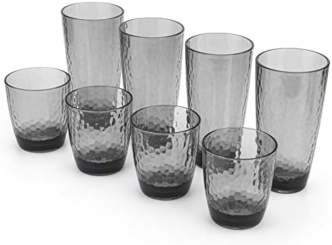 KOXIN-KARLU Hammered 15-ounce and 26-ounce Plastic Tumbler Acrylic Glasses, set of 8 Smoky Grey
