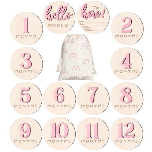 Image of Burbell 7 Pack 3D Baby Monthly Milestone Card Signs Baby Announcement Sign Double Sided Hello World Newborn Signs Wooden Circles Discs for Welcome Newborn Boy Girl Photo Props (Pink,Number)