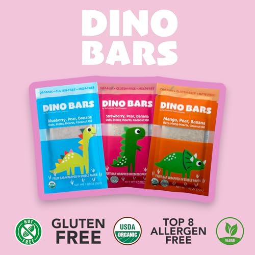 Image of Dino Bars | Organic Fruit Bar for Kids Blueberry Strawberry Mango | 18 Pack | Mess free fruit bars made with fruit and oats. Gluten Free Dinosaur Snacks. Blueberry, Strawberry & Mango flavors.