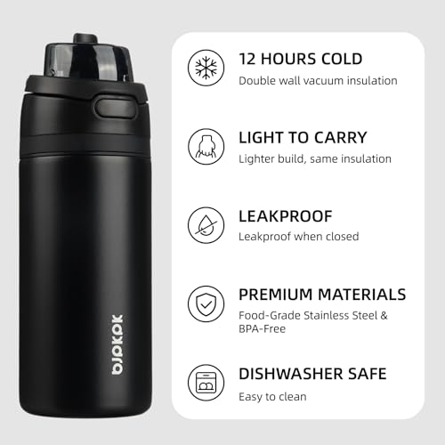Image of BJPKPK 17oz Insulated Water Bottle with Straw Lid & Handle, Stainless Steel | Leak-Proof 2-in-1 Straw & Spout Lid, BPA-Free Vacuum Insulated Bottle Fits Cup Holders for Gym, Office, Travel & Outdoor