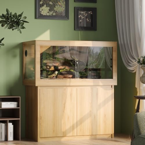 DAWNSPACES 120 Gallon Reptile Tank, Terrarium Tank with Storage Cabinet, Breathable Wire Mesh Top and Wire Threading Holes, Large Reptile Enclosure with Spring Lock for Bread Dragon, Gecko, Log Color
