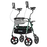 ELENKER All Terrain Upright Rollator Walker with Seat, Foldable Stand Up Walkers for Seniors with Armrest, Front Pouch, 10” Wheels, Fully Adjustment Frame, Green