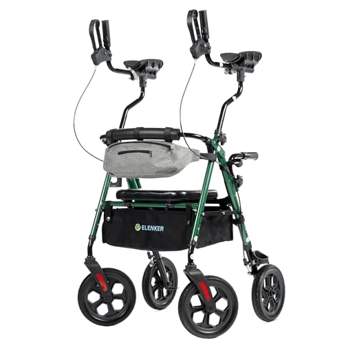 ELENKER All Terrain Upright Rollator Walker with Seat, Foldable Stand Up Walkers for Seniors with Armrest, Front Pouch, 10” Wheels, Fully Adjustment Frame, Green