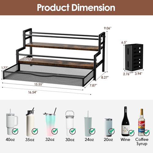 Image of Water Bottle Organizer for Full 40 oz Stanley /Tumbler, Brown | 2 Tier Stanley Cup Organizer, 8 Bottles Capacity, Rustic Countertop Display Shelf, For Coffee Bar, Cabinet, Countertop