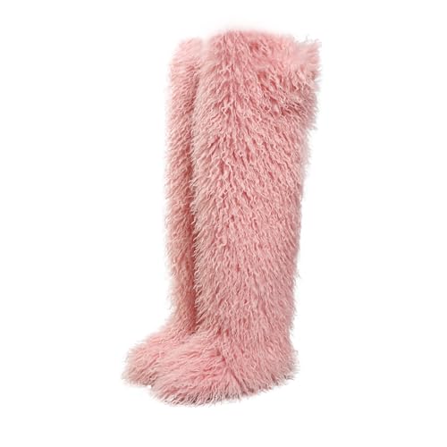 Image of Black Thigh High Fur Boots, Over the Knee Fluffy High Boots, Tall Furry shoes for Women