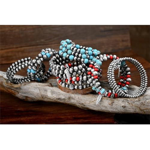 Dreuyet Navajo Pearl Bracelet Western Turquoise Jewelry for Men Women Vintage Multilayered Beaded Pearl Stackable Stretch Strand Layered Bracelets Bohemian Jewelry4