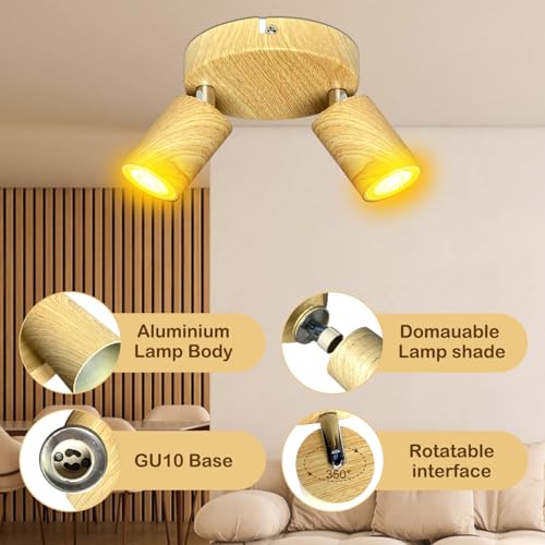 Image of 2 Light Track Lighting Fixtures for Ceiling LED Aluminum Wood Grain Spot Lights Indoor Round Chassis GU10 Base Lamp Rotatable Modern Ceiling Spotlight for Bedroom Kitchen Hallway (Bulb Not Included)
