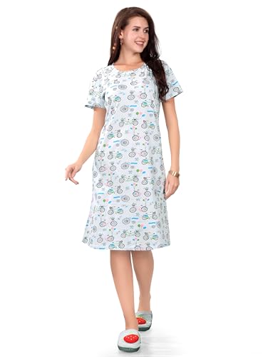 Image of Printed Knee Length Pocket Night Dresses for Women | Cat Lovers | Premium Soft Cotton Nighty | Sky Blue