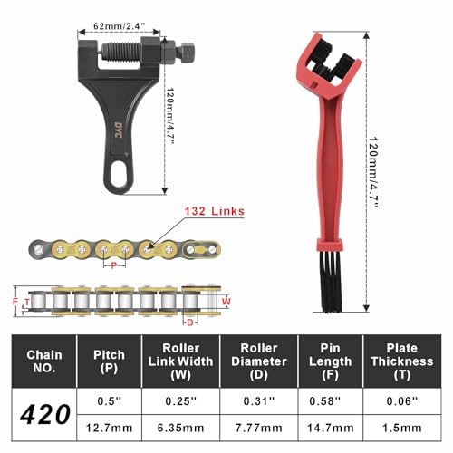 Image of DYC 420 Chain 132 Links(Gold /Black) w /Master Link + Chain Breaker Tool & Chain Brush for Mini Bike, Pit Bike, Dirt Bike, ATV & Go Kart (Coleman, Baja, SSR, TaoTao, Coolster, Apollo, Kazuma)