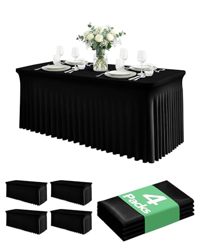 4 Pack Spandex Table Cover Skirts for 8ft Rectangle Tables, Black Stretch Table Cloths with Floor-Length Ruffle, Elastic Fitted Skirted Tablecloth for Elegant Wedding Banquet Party Buffet Decoration