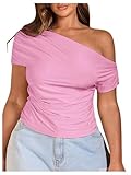 WDIRARA Women's Plus Size Off Shoulder Tee Shirt Ruched Asymmetrical Short Sleeve Tops Pink 3X-Large Plus