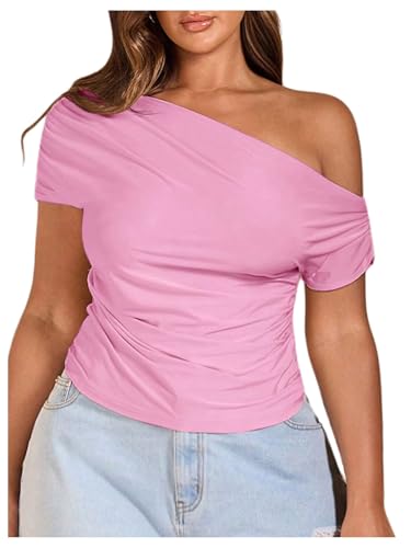 WDIRARA Women's Plus Size Off Shoulder Tee Shirt Ruched Asymmetrical Short Sleeve Tops