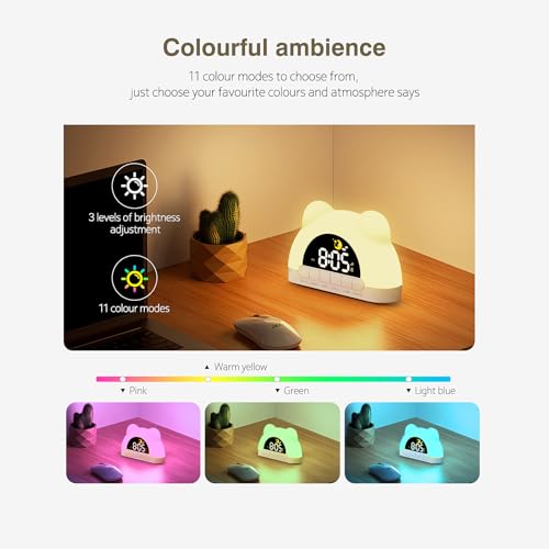 Image of Kids Alarm Clock, Alarm Clock for Kids, Sleep Training Clock for Toddlers with 12 Colors Night Light for Bedroom, Sound Machine, Suit for Boys Girls