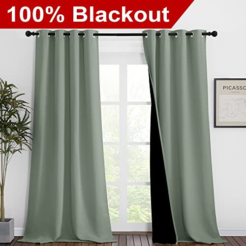 Image of NICETOWN Greyish Green Blackout Curtains 90 inches Long, Full Light Blocking Drapes with Black Liner for Nursery, Thermal Insulated Draperies for Hall, Villa (2 Pieces, 46 inch Wide Each Panel)