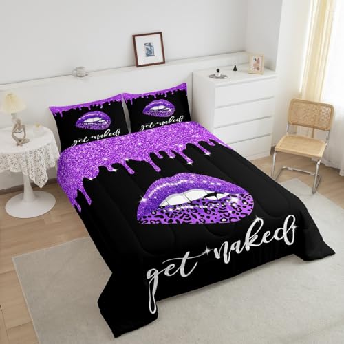 Image of Feelyou Purple Leopard Sexy Lips Comforter Full Size for Boys Girls, Purple Black Get Naked Comforter Set Pink Sexy Lips Bedding Set Funny Get Naked Duvet Set Bed Set 3Pcs Reversible