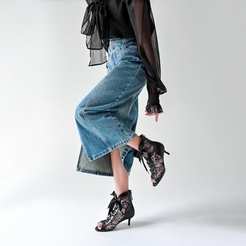 Women's Mesh Lace Booties Lace Up Ankle Boots Wedding Shoes Open Toe Kitten Heels Dressy Birthday Party3