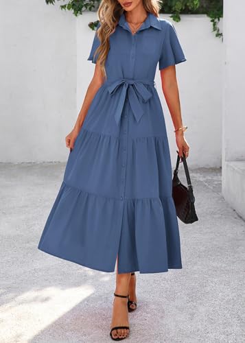 Image of KIRUNDO Summer Button Down Wedding Guest Shirt Dresses for Women Maxi Flutter Short Sleeve Flowy Tiered Beach Sun Dress