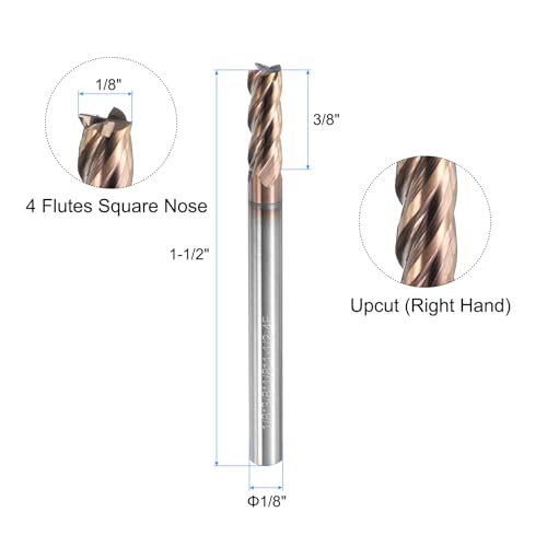 Image of uxcell Carbide Square End Mill, 1 /8 inch Dia TiAlN Coated 4 Flutes Milling Bit Cutter, for Hardened Steel Stainless Steel Alloy Metal, 1 /8 inch Shank 3 /8 inch Cut Length 1-1 /2 inch Long HRC55
