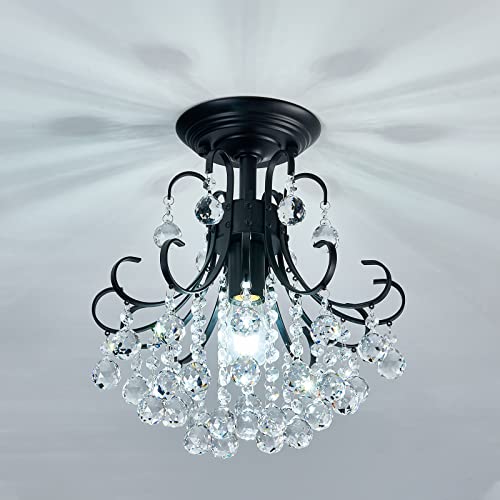 YYJLX Industrial Crystal Chandelier Semi Flush Mount Ceiling Light Fixtures Modern Pendant Lamp for Hallway Bar Kitchen Dining Room Kids Room Bathroom Black