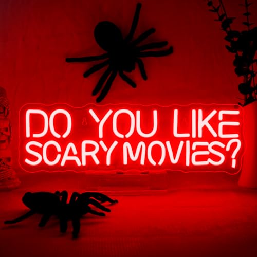 Image of Do You Like Scary Movies Neon Sign Horror Cinema Neon Signs for Wall Decor LED Night Light for Escape Room Bar Club Party Teen Boy Man Cave Game Gothic Halloween Decoration