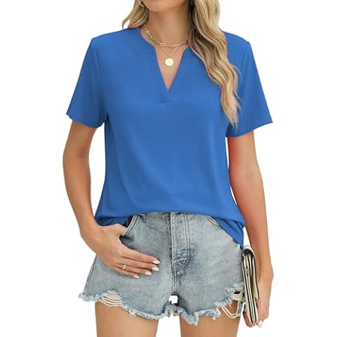 Auremore Short Sleeve Shirts for Women Trendy Summer V Neck Tshirts Loose Casual Tunic Blue Cover