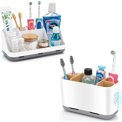Bundle-2 Items:Bathrooms Countertop Organizer, Bamboo Toothbrush Holder, White Cover
