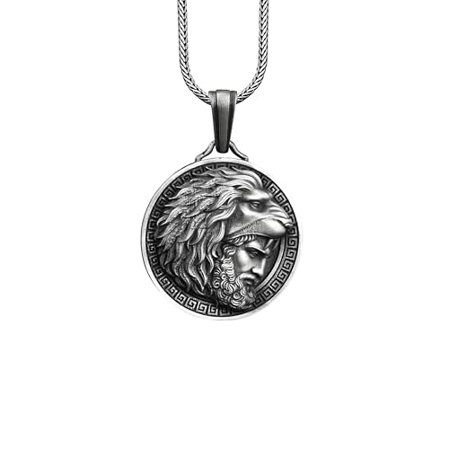 BySilverStone - Hercules with Nemean Lion Hat Coin Necklace, Hercules Medallion Necklace in Sterling Silver, Ancient Greek Mythology Pendant