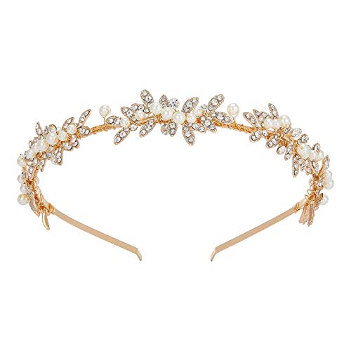 Sweetv Rhinestone Bridal Headband Gold Crystal Tiara For Women Pearl Wedding Headpieces For Bride Hair Accessories For Prom Birthday Party #TOP5