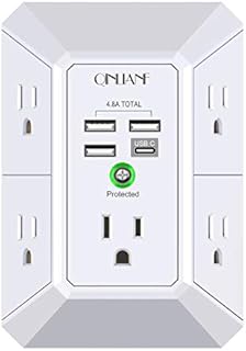 USB Wall Charger, Surge Protector, QINLIANF 5 Outlet Extender with 4 USB Charging Ports ( 4.8A Total) 3-Sided 1680J Power Strip Multi Plug Outlets Wall Adapter Spaced for Home Travel Office (3U1C)