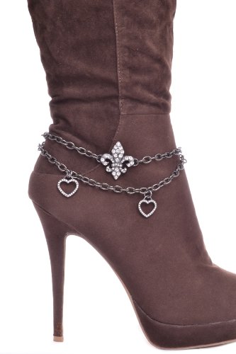 Boot Chains with Rhinestone Fleur De Lis Pendant Black (15") - Adjustable Boot Chain for Women
