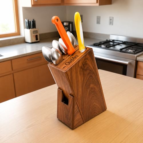 Image of Wood Knife Stand /Holder - Empty Wood Knife Box /Knife Organizer for Kitchen Cutlery, Scissors, and Spoons