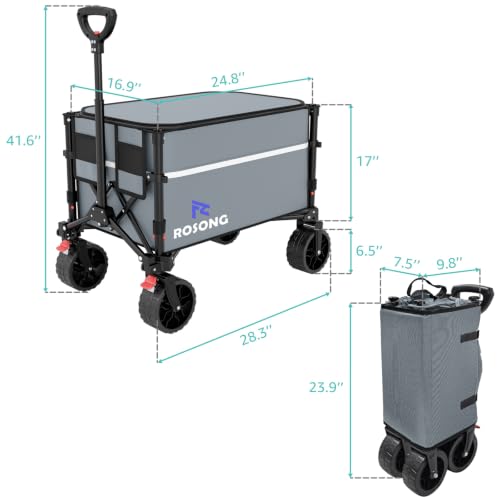 Image of ROSONG Collapsible Wagon Cart with Wheels, Grey with Cover, 120L | Foldable, Folding Utility, Heavy Duty, For Grocery Sports Garden Shopping Camping