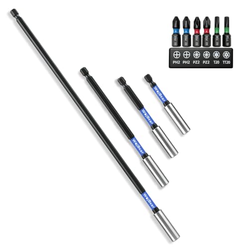 WojBear 4 PCS Magnetic Extension Bit Holder Set 75mm 100mm 150mm 300mm Drill Bit Holder for Impact Driver with 6 PCS Screwdriver Bits 2*PZ2 2*PH2 T20 TT20