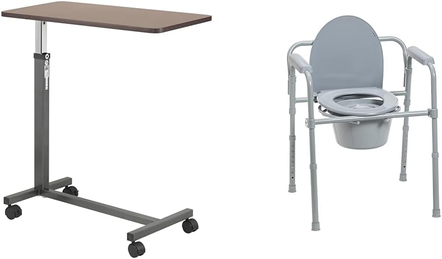 Drive Medical 13067 Adjustable Non Tilt Top Overbed Table with Wheels for Hospital and Home Use & 11148-1 Folding Steel Bedside Commode Chair