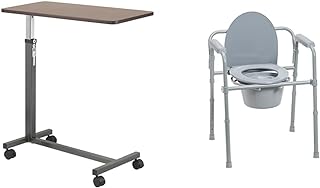 Drive Medical 13067 Adjustable Non Tilt Top Overbed Table With Wheels for Hospital and Home Use & 11148-1 Folding Steel Bedside Commode Chair
