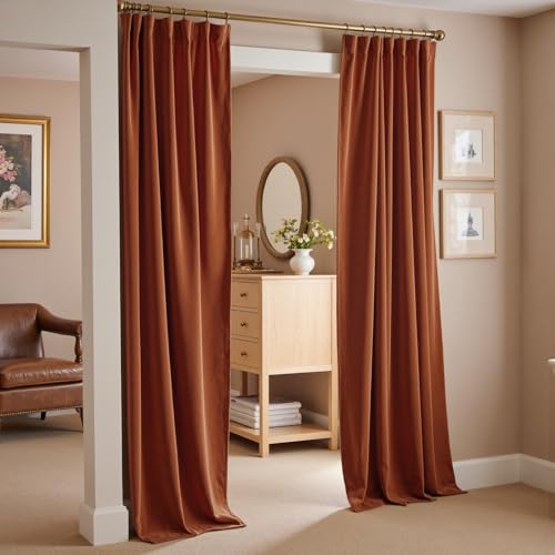 Image of Blackout Burnt Orange Velvet Curtains Back Tab 52x84 Inch 2 Panels | Soft Velvet, Room Darkening, Lined, For Bedroom & Living Space, Light Shifting Texture, Elegant Drape, Rod Pocket, Luxury