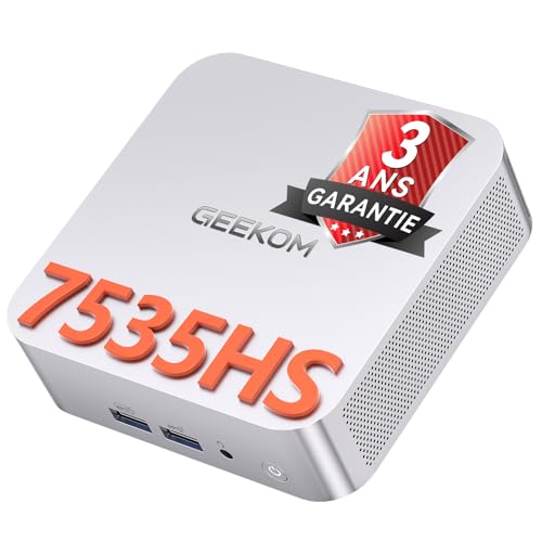 GEEKOM A7 Mini PC avec AMD Ryzen 5 7535U(Mieux Que 7730U), Radeon 660M, 16 Go DDR5 1To SSD (Évolutif, Non-LPDDR), Lecteur SD, Mini Ordinateur de Bureau Windows 11 Pro, 4 écrans 8K, HDMI, DP, Type-C