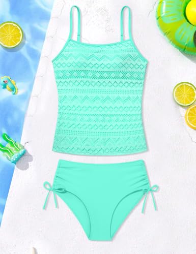 Image of Girls Swimsuit 2 Piece Bathing Suit Criss Cross Ruched Girl Tankini Sets Printed Girls' Swimwear for 9-18 Years