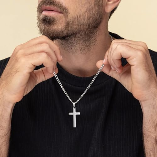 LUXEJEW Cross Necklace for Men - Silver/Gold/Black Stainless Steel Cross Pendant Necklace Figaro Link Chain 16-24 Inches3