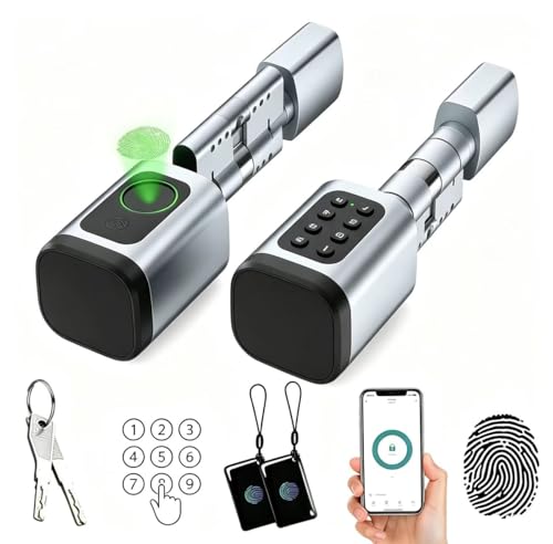 ElectronicTuya Smart Fingerprint Door Locks key Keyless Smart Door Lock Cylinder with Fingerprint Biometric Door Handle Lock Bluetooth Keycard App Metal Key suit 60MM -90MM DOOR