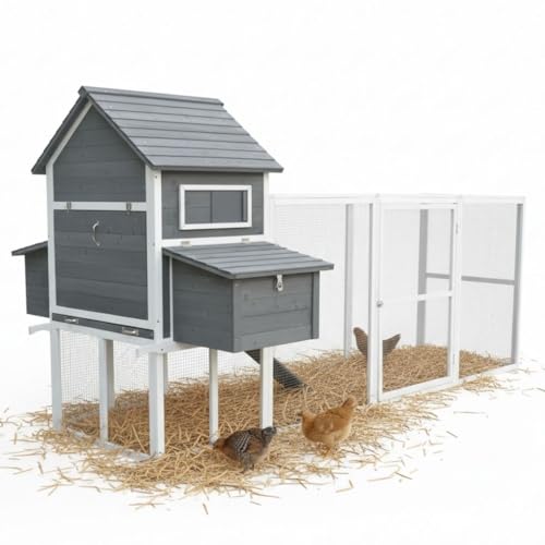 Melko XXL Hühnerstall Holz Grau/Weiß mit Freilaufgehege...